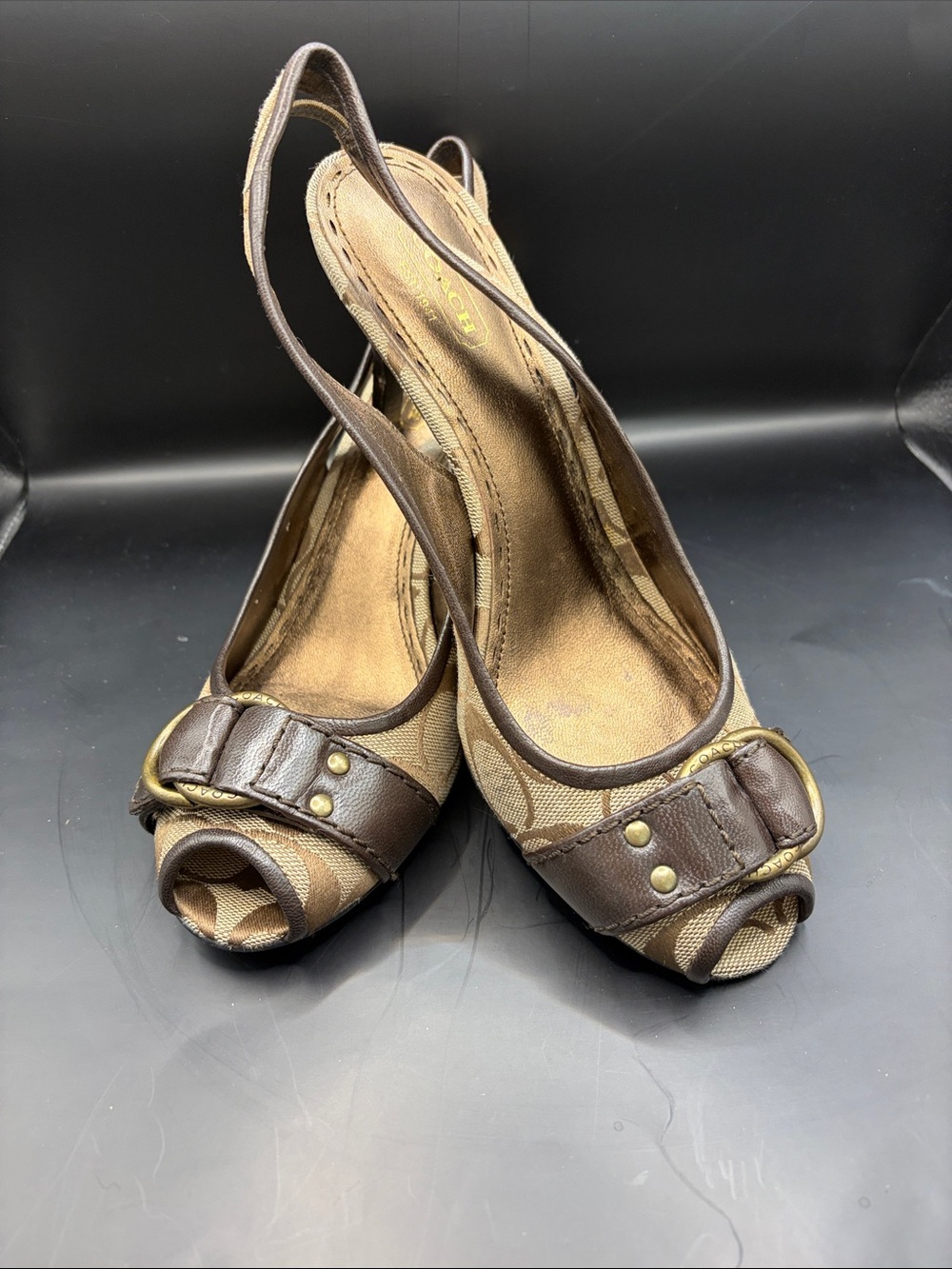 Coach Brown Canvas & Dark Brown Leather Peep-Toe Slingback Heels - Picture 2 of 5